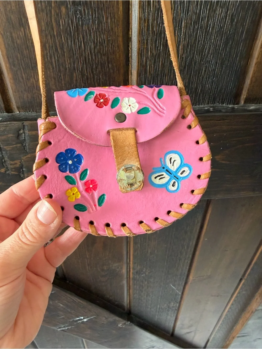 Vintage Hecho en Mexico Pink Leather Hand Painted Floral Butterfly Mini Purse